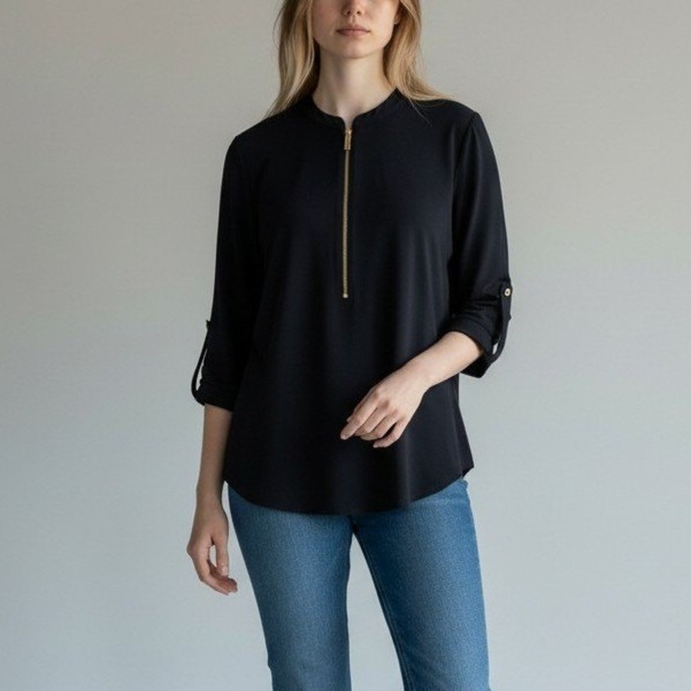 Ellen Tracy Womens Black Half Zip Roll Tab Sleeve Blouse Size Medium M